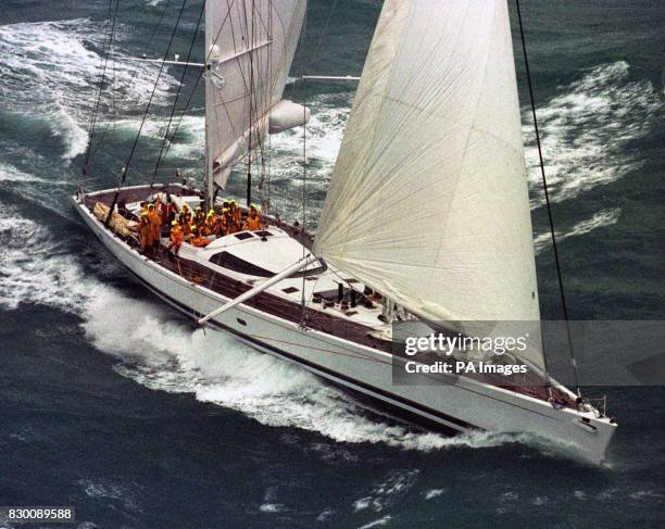 The record breaking yacht Mari Cha III skippered by Frenchman Leionel Pean and owned by Robert Miller crosses the line at Lizard Point in 8 days 23...