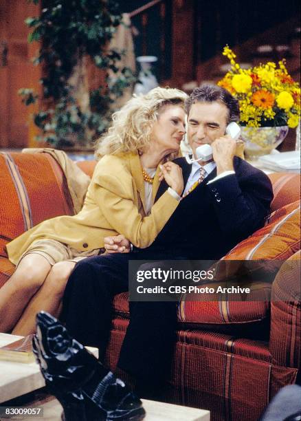 American actors Candice Bergen and Jay Thomas appear in a scene from an episode of the television series 'Murphy Brown' entitled 'The Gold Rush,' Los...