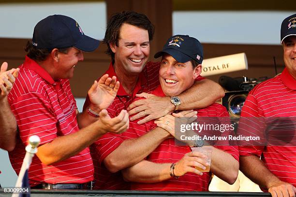 Captain Paul Azinger of the USA team celebrates with Phil Mickelson and Justin Leonard after the USA 16 1/2 - 11 1/2 victory on the final day of the...