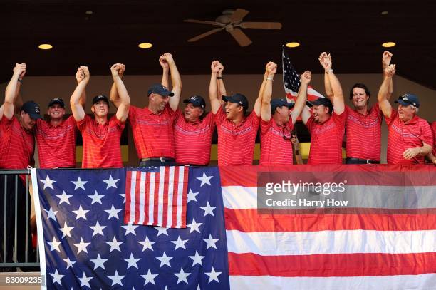 Members of the USA team celebrate after the USA 16 1/2 - 11 1/2 victory on the final day of the 2008 Ryder Cup at Valhalla Golf Club on September 21,...