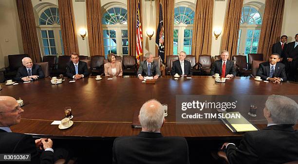 President George W. Bush makes remarks on the economic crisis during a meeting with bipartisan and bicameral members of congress including the...