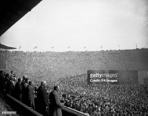 The scene at Wembley Stadium for the FA Cup Final football match between Bolton Waderers and West Ham United in 1923. On the left is seen the King...