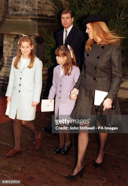 The Duchess of York leave St Paul's Church, Knightsbridge, with her daughters, Princesses Beatrice and Eugenie, and Prince Andrew after a service of...