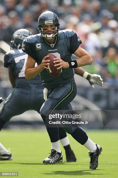 Matt Hasselbeck of the Seattle Seahawks drops back to pass during the game against the St. Louis Rams on September 21, 2008 at Qwest Field in...