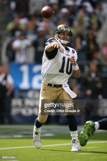 Marc Bulger of the St. Louis Rams passes during the game against the Seattle Seahawks on September 21, 2008 at Qwest Field in Seattle, Washington.