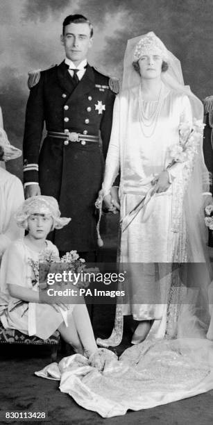 The Bride and Bridegroom at Lord Louis Mountbatten's wedding to Edwina Ashley at brook House, London.