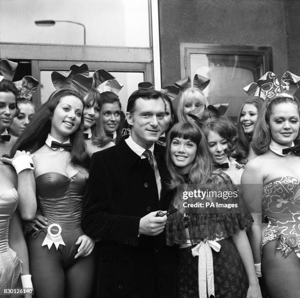 Library filer of Hugh Hefner, editor & publisher of Playboy Magazine, & his friend American actress Barbara Benton surrounded by Bunny Girls after a...
