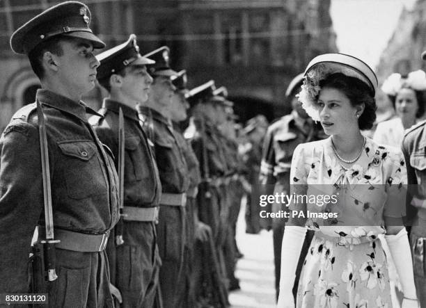 Princess Elizabeth, who drove in a semi-state Landau from Buckingham Palace to Guildhall, via the Mall, to receive the Freedom of the City of London....