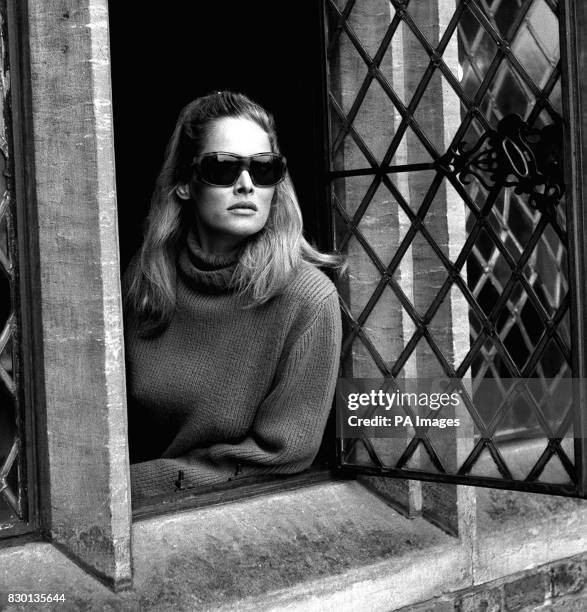 Ursula Andress, wearing dark glasses due to a deer's antlers narrowly missing her right eye at Bushey Park, Hampton Court, rests at her Surrey Hotel,...