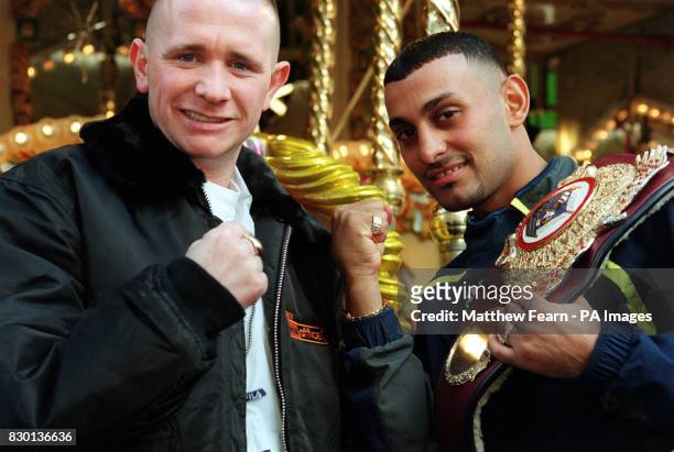 European and Commonwealth featherweight champion Paul Ingle and WBO and IBF champion Prince Naseem Hamed in Leicester Square, London, after a press...
