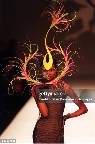 Model wearing one of the hat creations by designer Philip Treacy, as part of London Fashion Week.