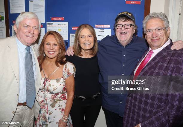 Phil Donahue, Marlo Thomas, Gloria Steinem, Michael Moore and Harvey Fierstein pose backstage at the opening night of "Michael Moore: "The Terms Of...