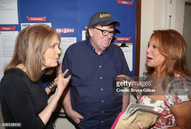 Gloria Steinem, Michael Moore and Marlo Thomas chat backstage at the opening night of "Michael Moore: "The Terms Of My Surrender" on Broadway at The...