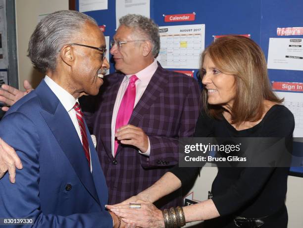 Al Sharpton, Harvey Fierstein and Gloria Steinem chat backstage at the opening night of "Michael Moore: "The Terms Of My Surrender" on Broadway at...