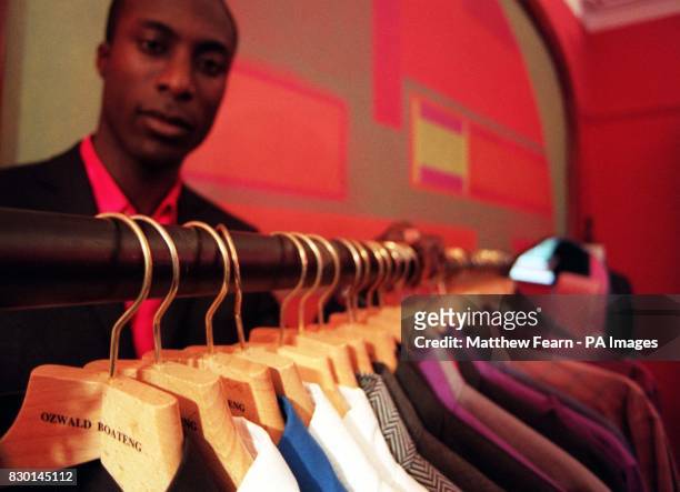 London based fashion designer Ozwald Boateng with the only items left in his showroom in Wimpole Street, London, after thieves stole his entire...