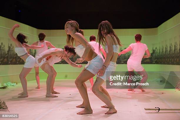 Actresses Lisa Bitter and Ines Schiller perform at the rehearsel of 'Feuchtgebiete' based on the book by Charlotte Roche at the Kulturinsel Werft on...