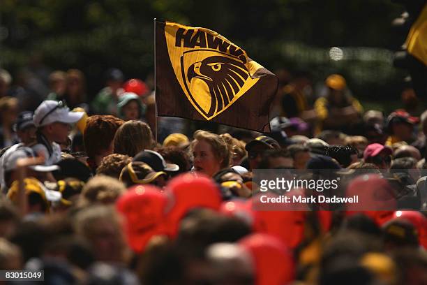 Hawthorn flag is waved by a fan during the 2008 AFL Grand Final parade held at the Treasury Building September 26, 2008 in Melbourne, Australia.