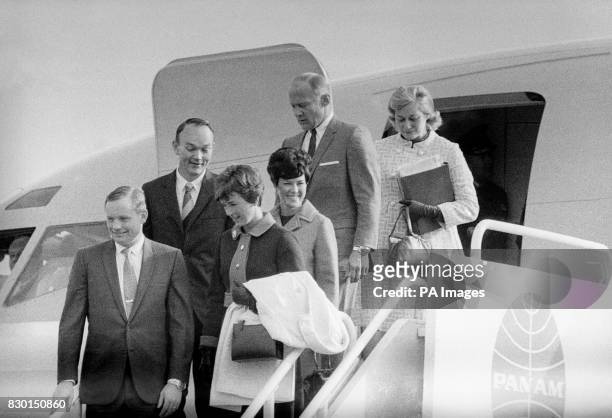 America's moon-landing astronauts of Apollo 11 leaving the Presidential aircraft at Heathrow Airport in London on their arrival from Berlin for a...
