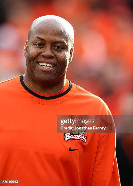 Oregon State Beavers basketball coach Craig Robinson watches a football game against the Southern California Trojans at Reser Stadium on September...