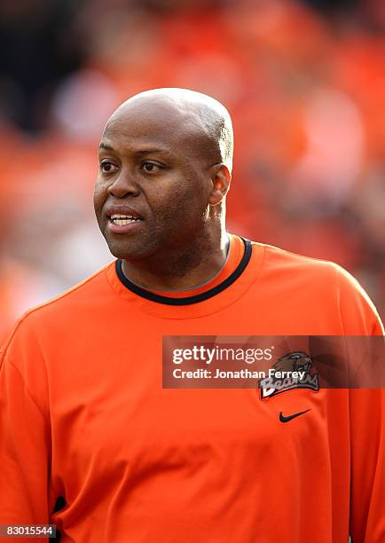 Oregon State Beavers basketball coach Craig Robinson watches a football game against the Southern California Trojans at Reser Stadium on September...