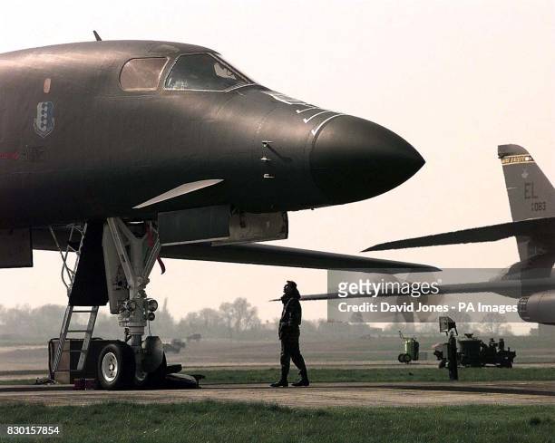 An American B1 bomber of the 77th Bomber squadron at RAF Fairford in Gloucestershire, on the day of its arrival from South Dakota. * Kosovo. NATO....