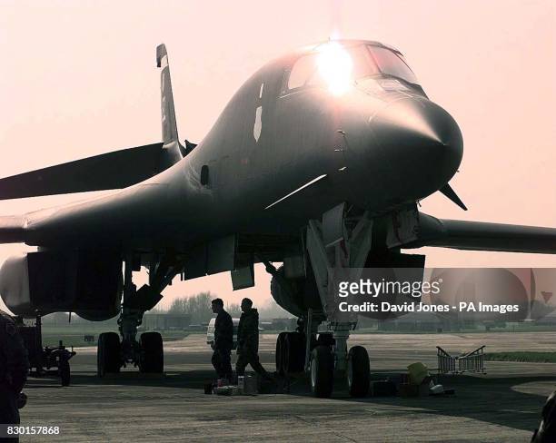 An American B1 bomber of the 77th Bomber squadron, at RAF Fairford in Gloucestershire. The bomber flew in earlier in the day from South Dakota. *...