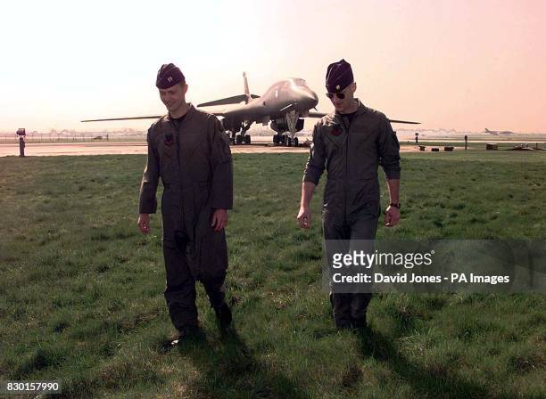 Aircrew from a B1 of 77th Bomber squadron USAF arrive at RAF Fairford, Gloucestershire, in preparation for the crisis in Kosovo.