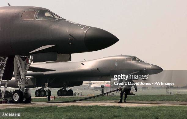 Ground crew prepare a B1 of 77th Bomber squadron USAF following their arrival from the USA to RAF Fairford, Gloucestershire, in preparation for the...