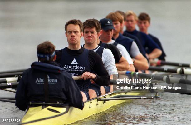 Colin Von Ettingshausen and Andrew Lindsay feel the strain, as the Oxford team practice on the Thames before the University Boat Race when they take...