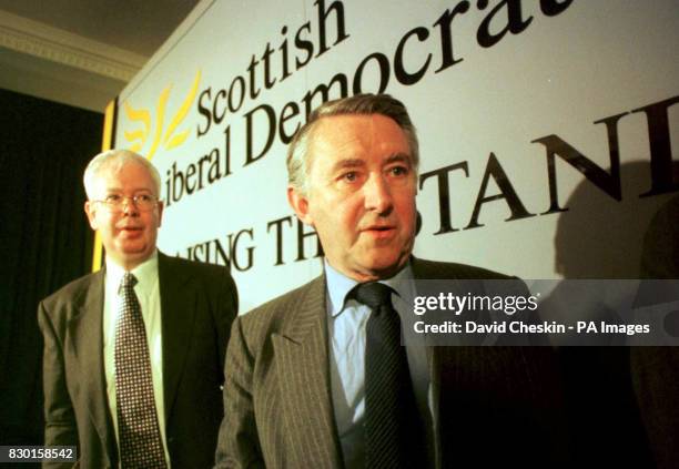 Lord Steel and Scottish Liberal Democratic leader Jim Wallace arrive at a press conference in Edinburgh to launch the Liberal Democrats Manifesto for...