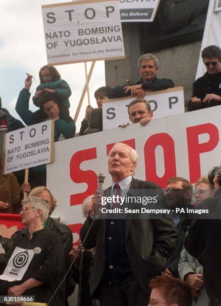 Veteran Labour MP Tony Benn, speaking in London's Trafalgar Square, where an estimated 2,000 anti-war campaigners gathered to stage a protest against...