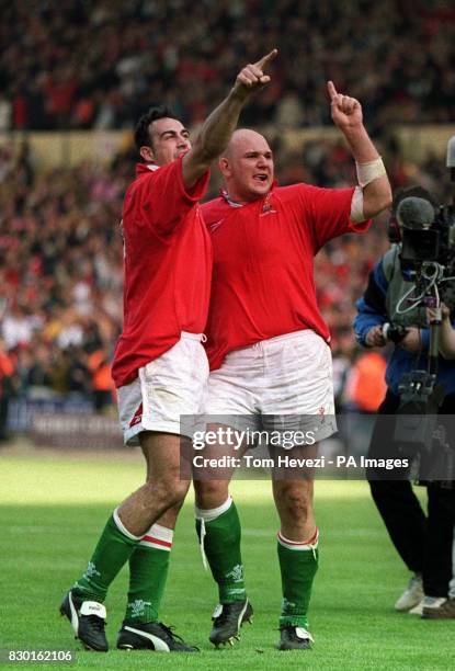 Wales' Craig Quinnell and Chris Wyatt celebrate their win at Wembley in London to beat England in the Five Nations Championship match. Final score...