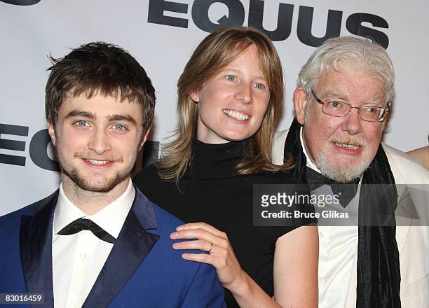 Daniel Radcliffe, Director Thea Sharrock and Richard Griffiths pose at The Opening Night After Party for "Equus" on Broadway at Pier 60 on September...
