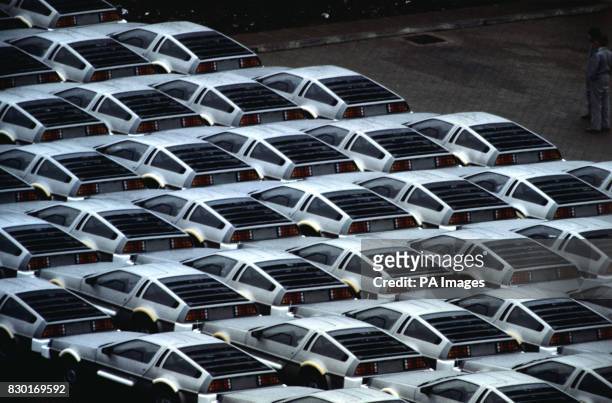 Stockpiled Delorean cars at the Delorean motor plant in Belfast. They are to be exported to the USA.