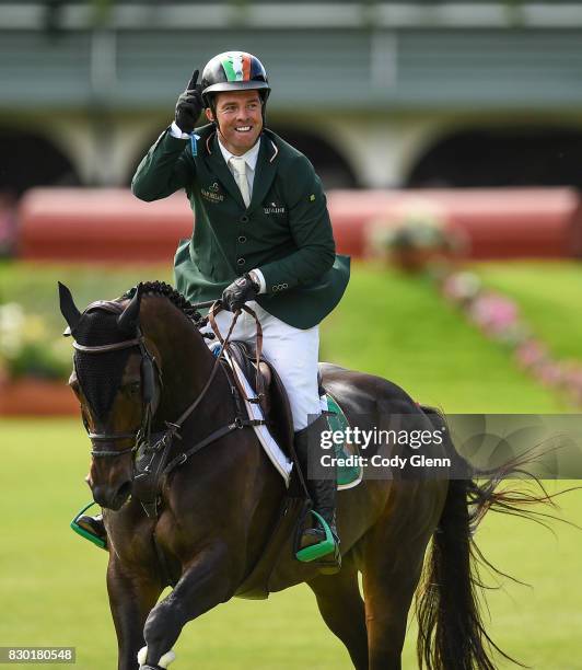 Dublin , Ireland - 11 August 2017; Cian O'Connor of Ireland celebrates a clear first round on Good Luck during the FEI Nations Cup during the Dublin...