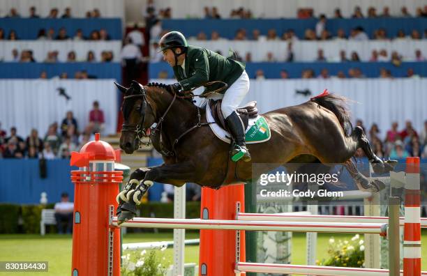 Dublin , Ireland - 11 August 2017; Cian O'Connor of Ireland competing on Good Luck during the FEI Nations Cup during the Dublin International Horse...