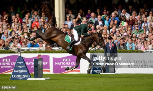 Dublin , Ireland - 11 August 2017; Cian OConnor of Ireland competing on Good Luck during the Furusiyya FEI Nations Cup presented by Longines at the...