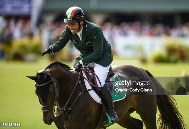 Dublin , Ireland - 11 August 2017; Cian O'Connor of Ireland celebrates a clear first round on Good Luck during the FEI Nations Cup during the Dublin...