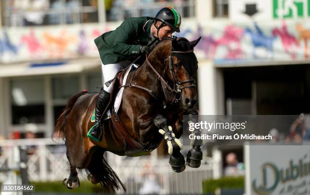 Dublin , Ireland - 11 August 2017; Cian OConnor of Ireland competing on Good Luck during the Furusiyya FEI Nations Cup presented by Longines at the...