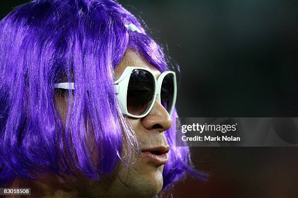 Storm supporter watches on during the first NRL Preliminary Final match between the Cronulla Sharks and the Melbourne Storm held at the Sydney...