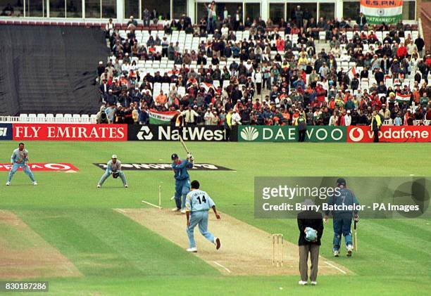 England's Alan Mullally is bowled by India's Javagal Srinath ending the England team's involvement in the Cricket World Cup 1999, at Edgbaston.
