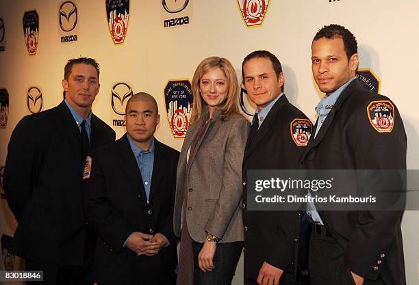 Judy Greer with FDNY fire fighters