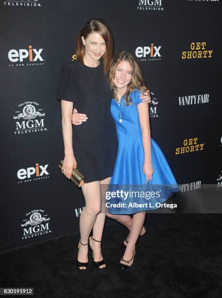 Actress Lucy Walters and actress Carolyn Dodd arrive for the Red Carpet Premiere of EPIX Original Series "Get Shorty" held at Pacfic Design Center on...