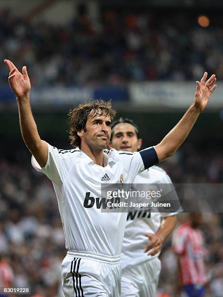 Raul Gonzalez of Real Madrid celebrates scoring his goal during the La Liga match between Real Madrid and Real Sporting de Gijon at the Santiago...