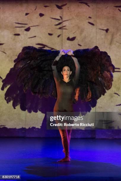 Dancer from Spanish dance company Aracaladanza performs on stage during a photocall for the show 'Vuelos' at Church Hill Theatre during the 70th...