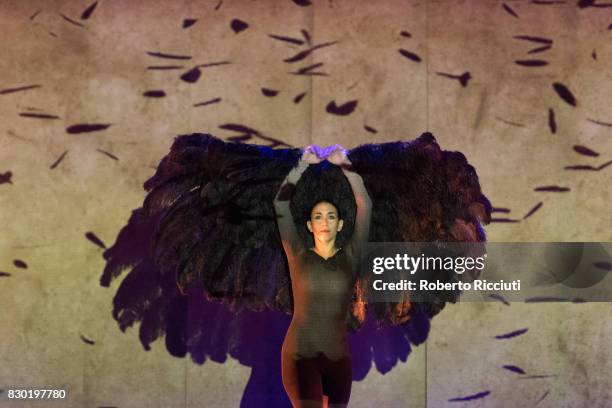 Dancer from Spanish dance company Aracaladanza performs on stage during a photocall for the show 'Vuelos' at Church Hill Theatre during the 70th...