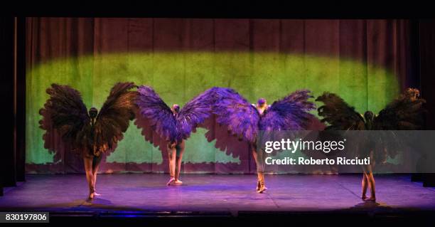 Dancers from Spanish dance company Aracaladanza perform on stage during a photocall for the show 'Vuelos' at Church Hill Theatre during the 70th...