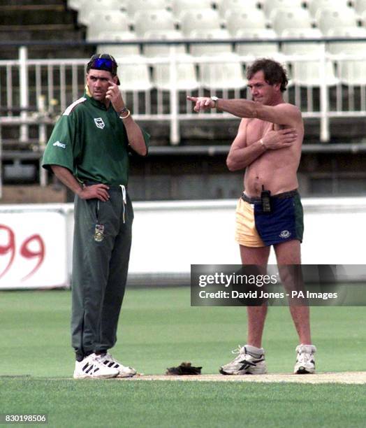 South African captain Hansie Cronje talks to head groundsman Steve Rhodes in the nets at Edgbaston, where South Africa were preparing for their World...