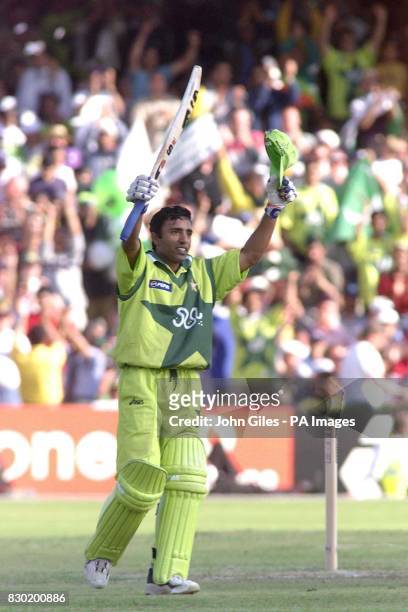 Saeed Anwar celebrates his century for Pakistan against New Zealand, during their Cricket World Cup Semi Final match at Old Trafford.