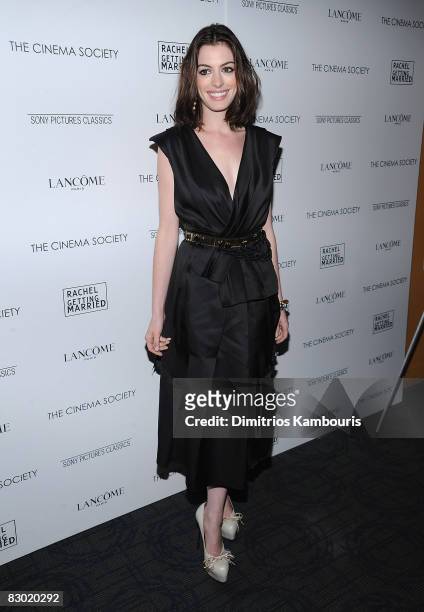 Actress Anne Hathaway attends the Cinema Society and Lancome screening of "Rachel Getting Married" at the Landmark Sunshine Theater on September 25,...
